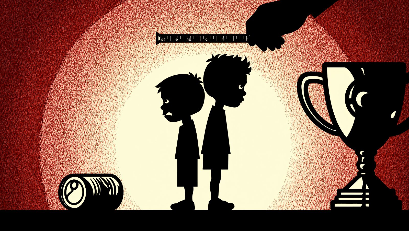 Ilustración estilo grunge retro de dos hermanos comparados por un adulto, error de crianza sobre comparar hermanos
