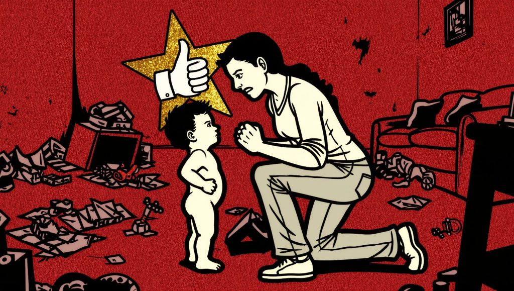 Ilustración estilo grunge retro de un padre elogiando exageradamente la inteligencia de un niño, error de crianza sobre elogiar el talento en vez del esfuerzo