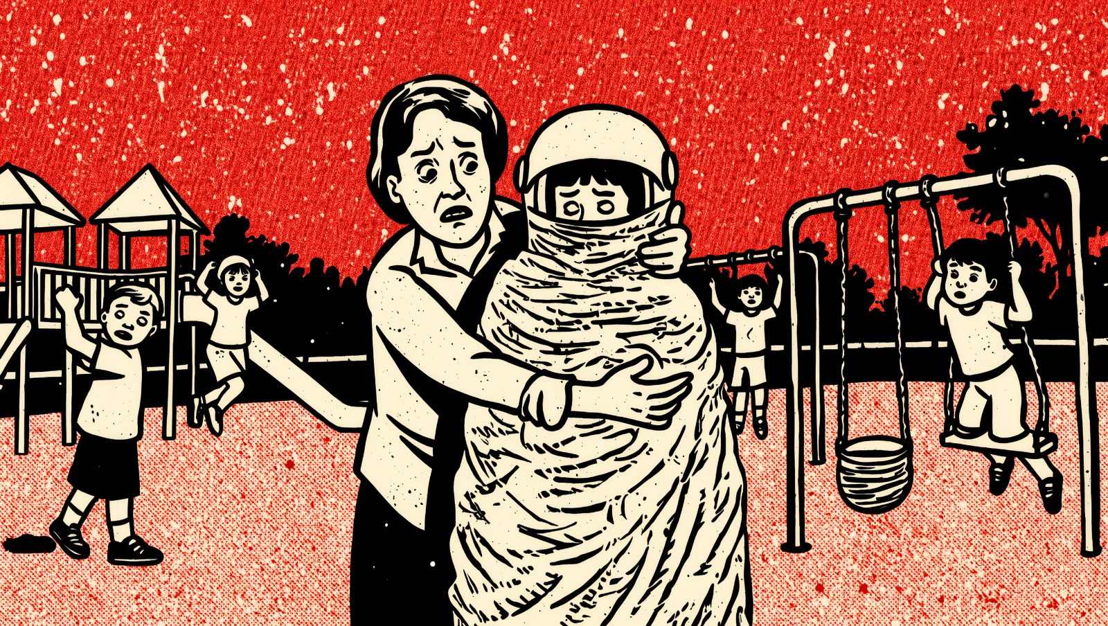 Ilustración estilo grunge retro de un padre sobreprotector envolviendo a su hijo en plástico de burbujas, error de crianza sobre sobreprotección