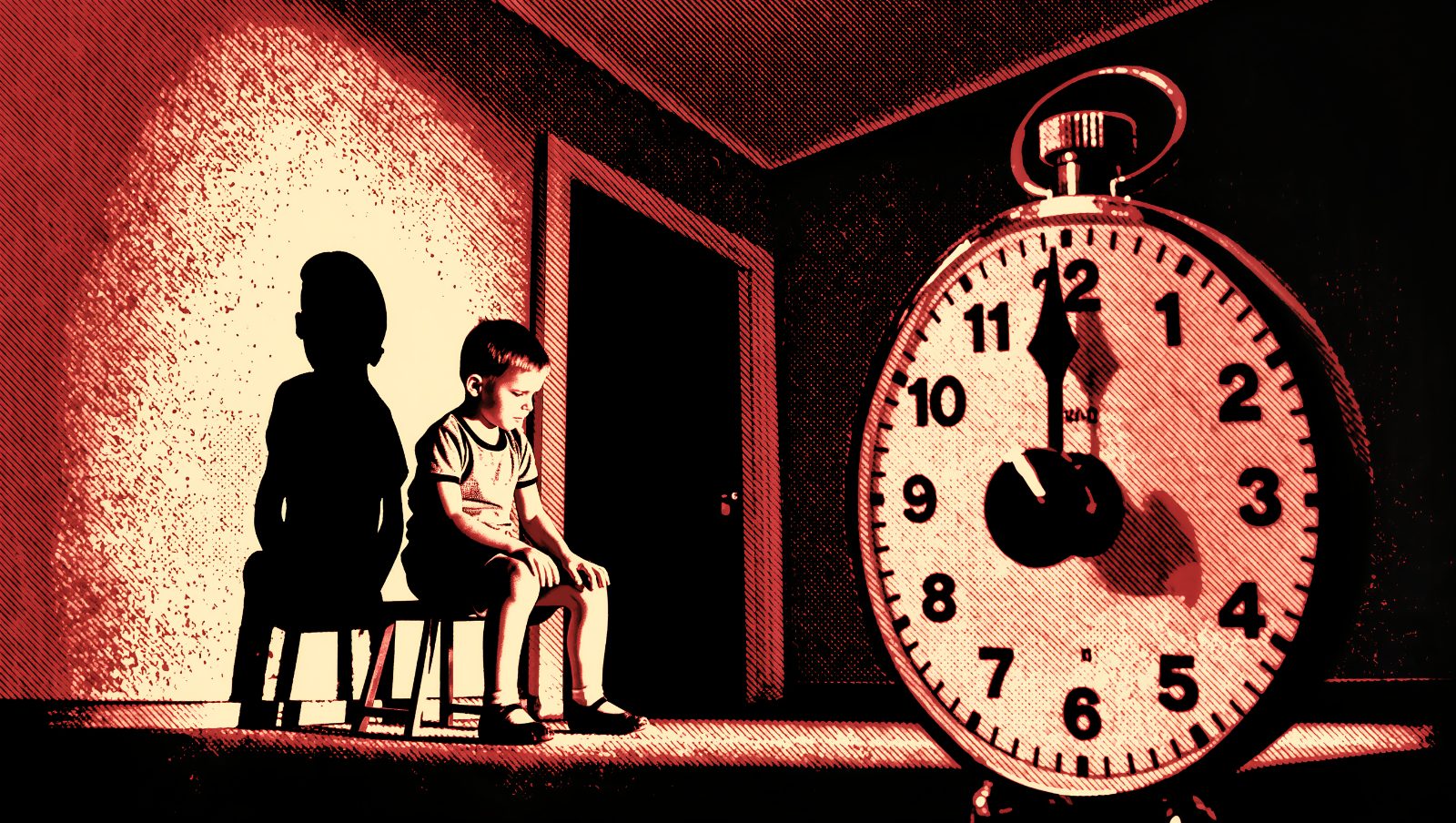 Ilustración estilo grunge retro de un niño castigado en el rincón de pensar, error de crianza sobre el abuso del time-out
