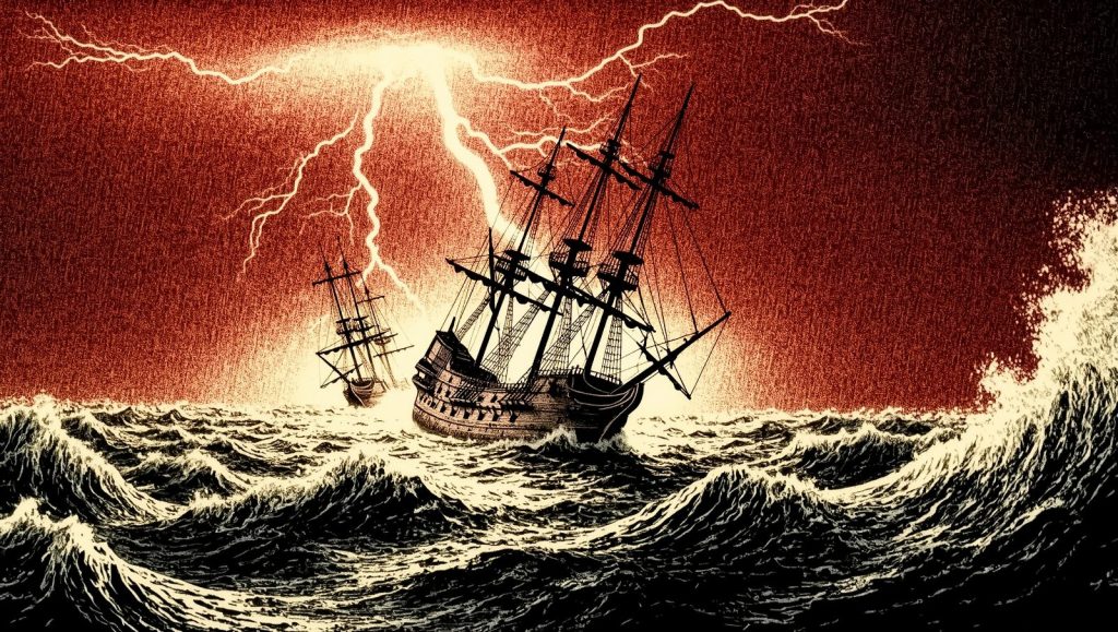 Ilustración simbólica de barcos antiguos en una tormenta violenta, representando desastres navales históricos
