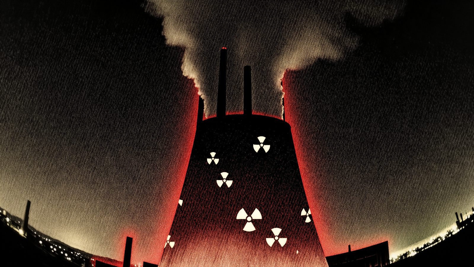 Ilustración simbólica de una central nuclear de noche con humo, representando un desastre nuclear histórico