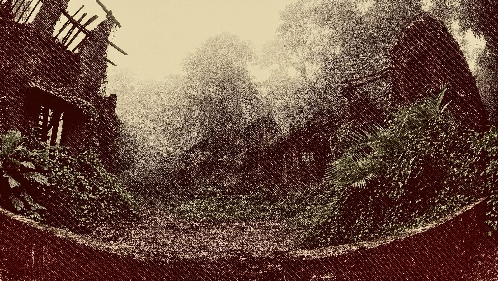 Ilustración simbólica de una colonia abandonada en la selva, representando el fracaso de un proyecto colonial histórico