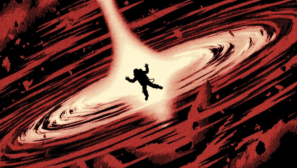 Ilustración estilo grunge retro de una espaguetización cerca de un agujero negro, fuerzas de marea extremas