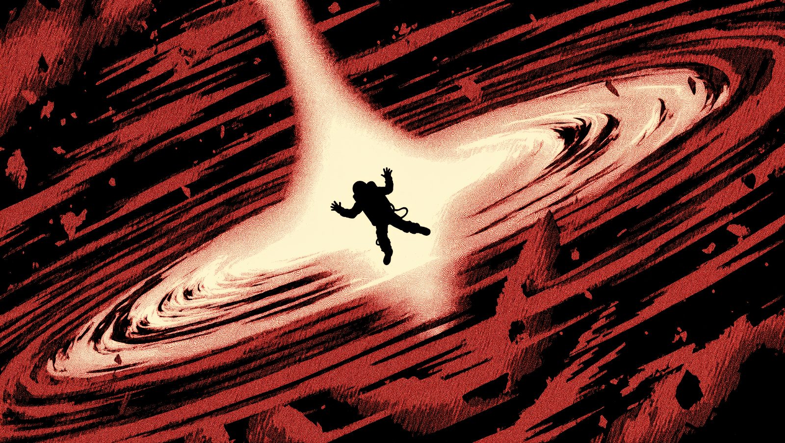 Ilustración estilo grunge retro de una espaguetización cerca de un agujero negro, fuerzas de marea extremas