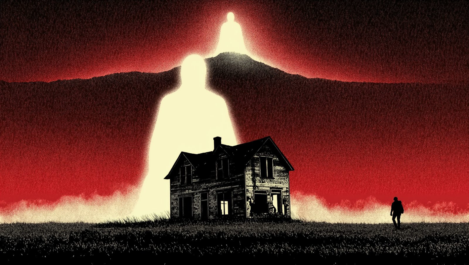Ilustración estilo grunge del espectro de Brocken, una sombra gigante rodeada de halo de luz proyectada sobre niebla en la montaña