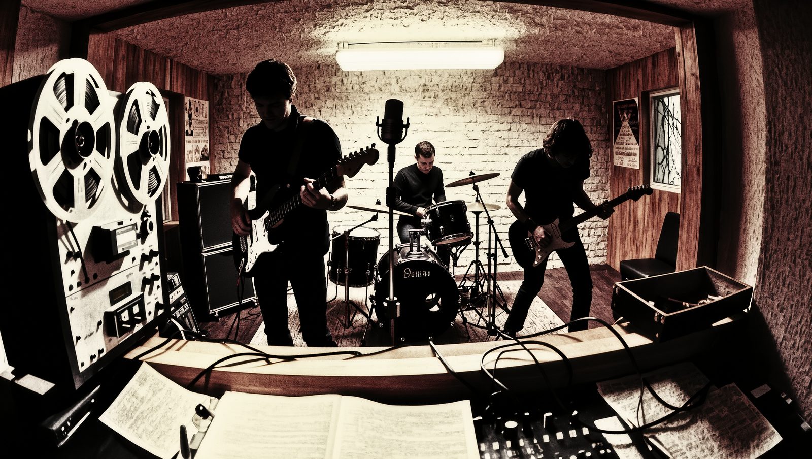 Estudio de grabación improvisado de los años 70 con un micrófono y cintas analógicas, ilustración grunge retro