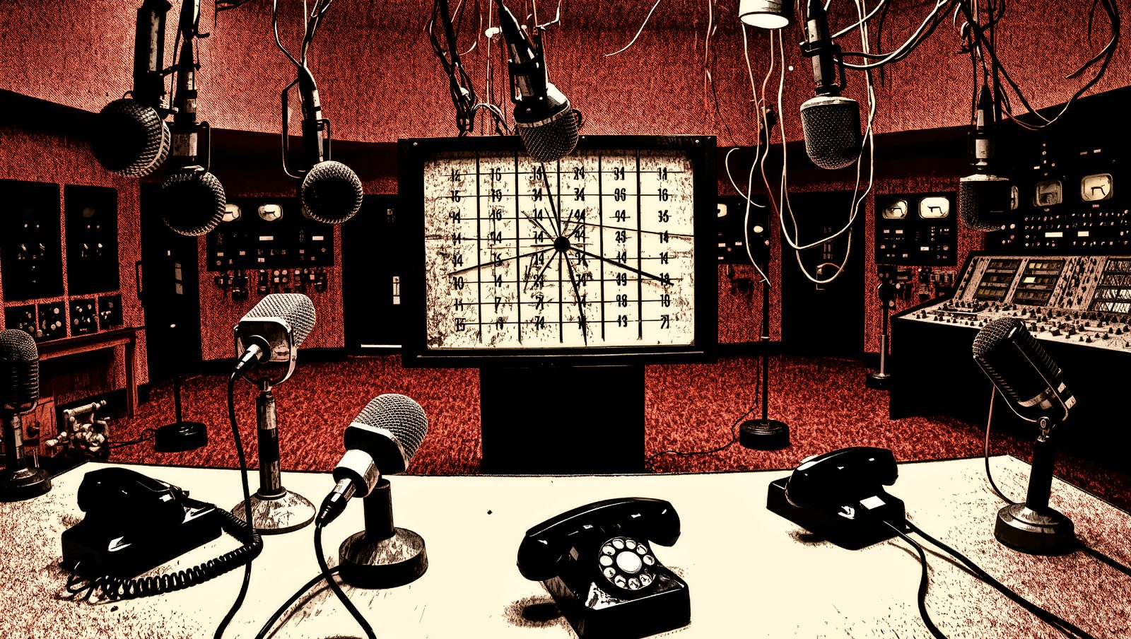 Ilustración retro de un estudio de televisión de los años 50 con marcador de puntuaciones y jurado de Eurovisión