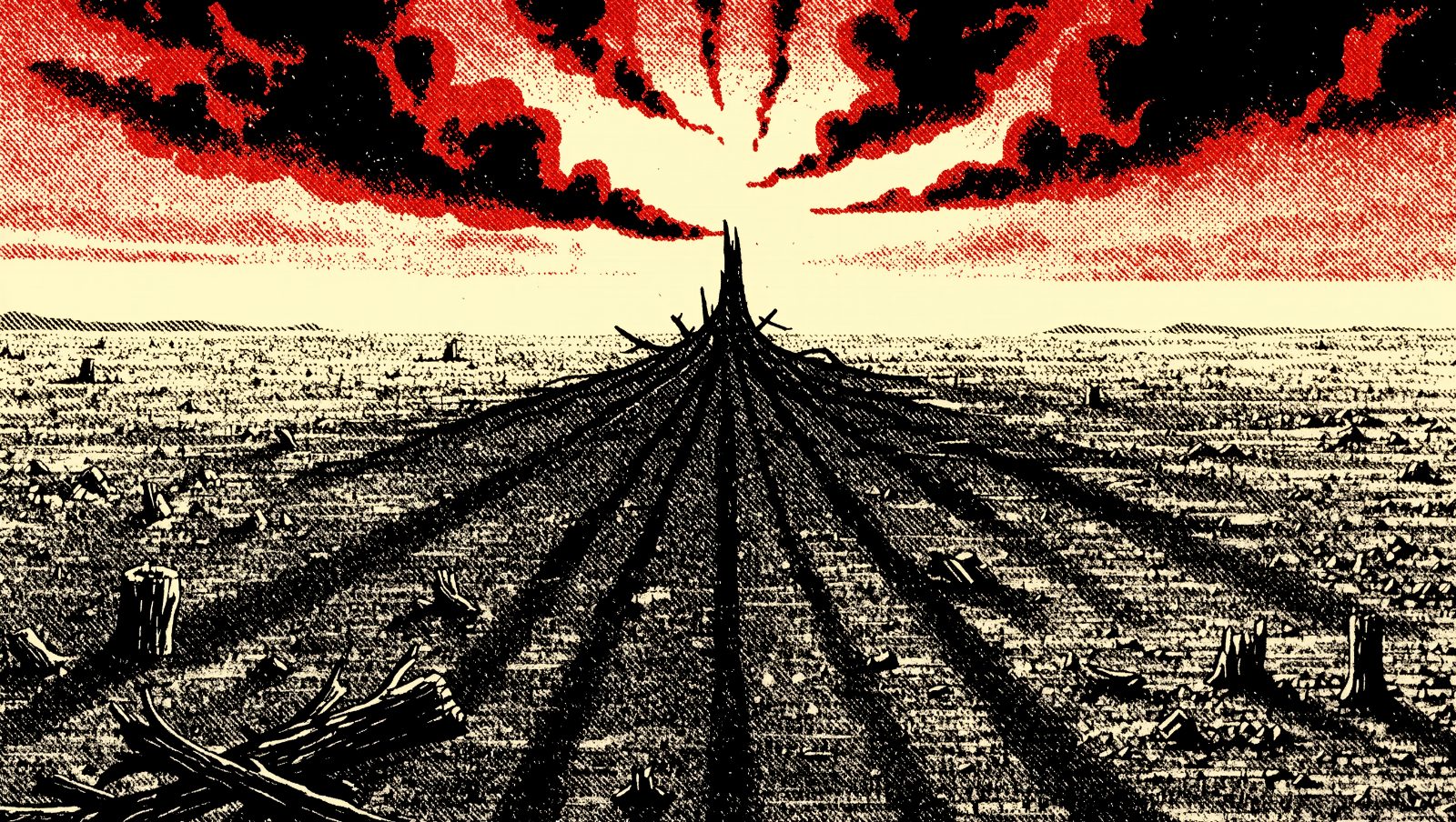 Bosque siberiano arrasado, ilustración del evento de Tunguska estilo grunge retro