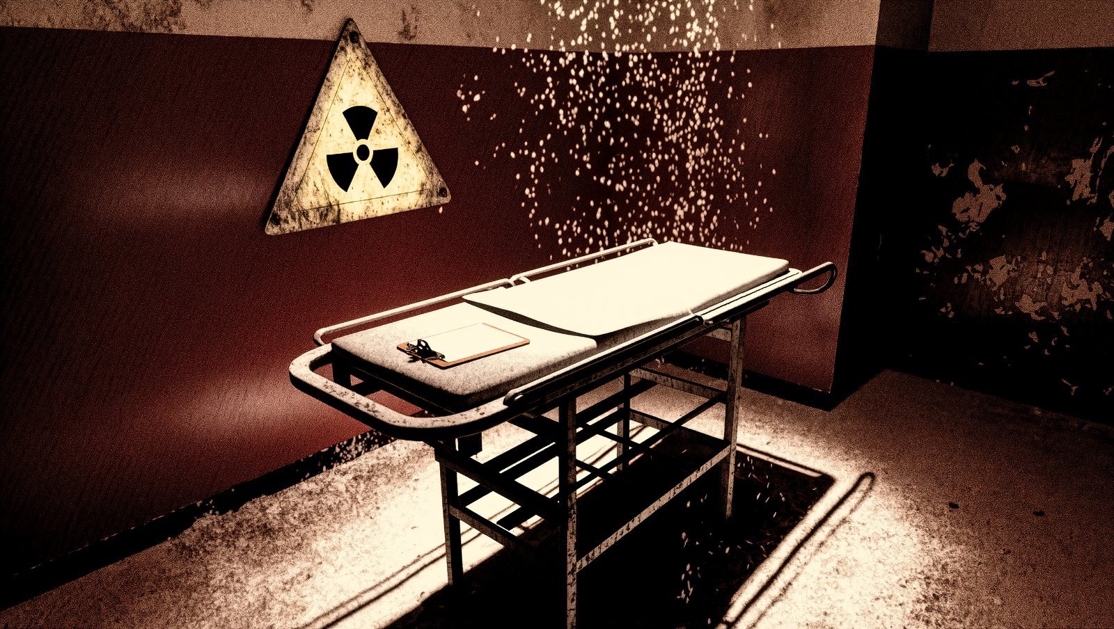 Experimentos de radiación de la Guerra Fría en hospital, ilustración estilo grunge retro