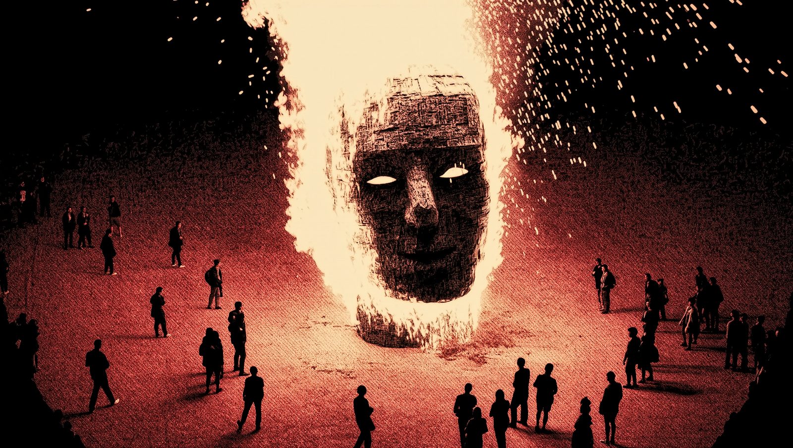 Falla ardiendo en una plaza de Valencia durante la Nit de la Crema, ilustración grunge retro