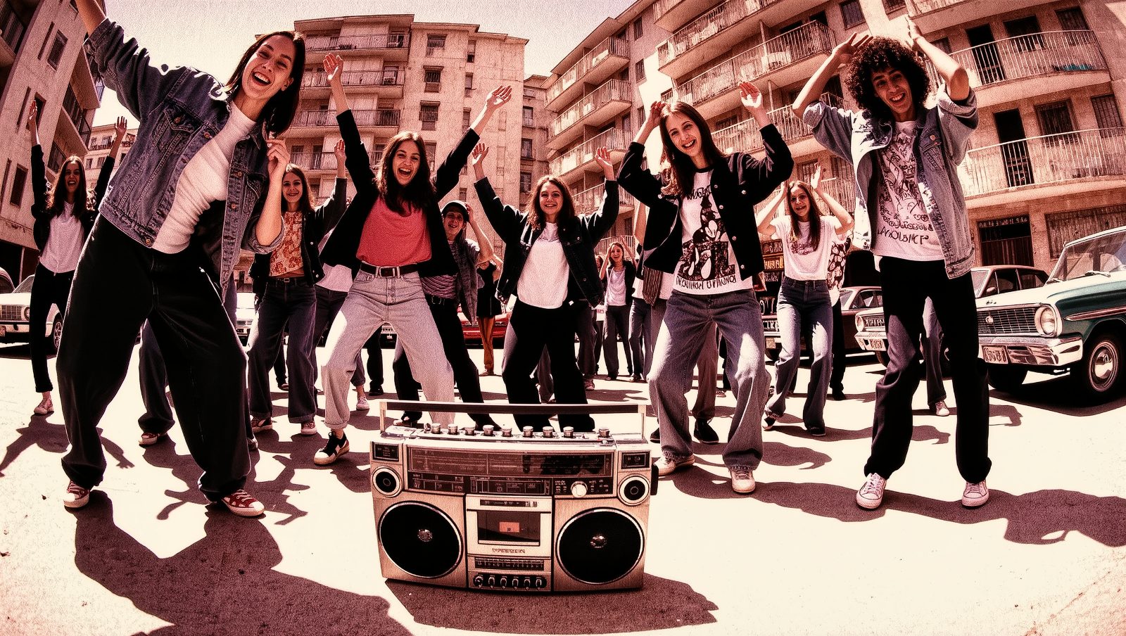 Ilustración retro de jóvenes españoles bailando en la calle alrededor de un radiocasete portátil en los años 80