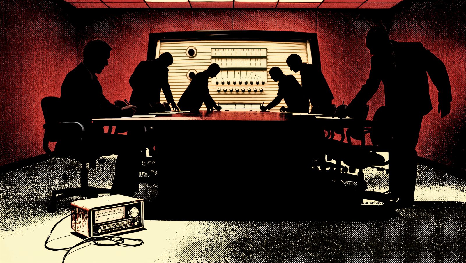 Ilustración retro de ejecutivos en silueta en una sala de juntas junto a una radio antigua de válvulas