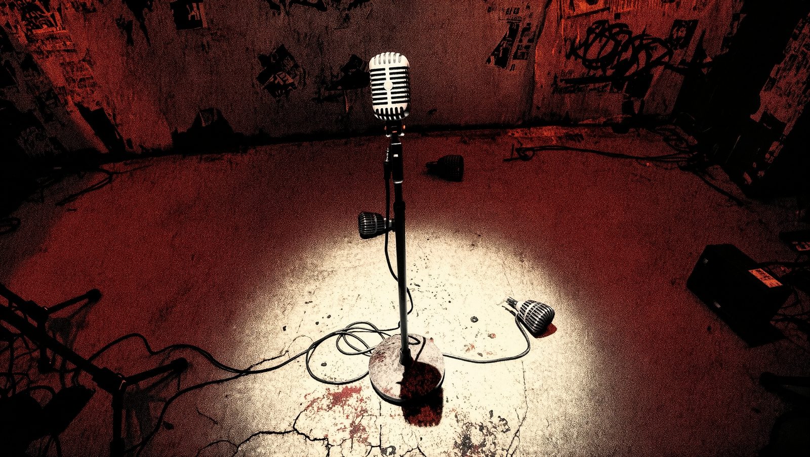 microfono vintage iluminado en escenario punk vacio
