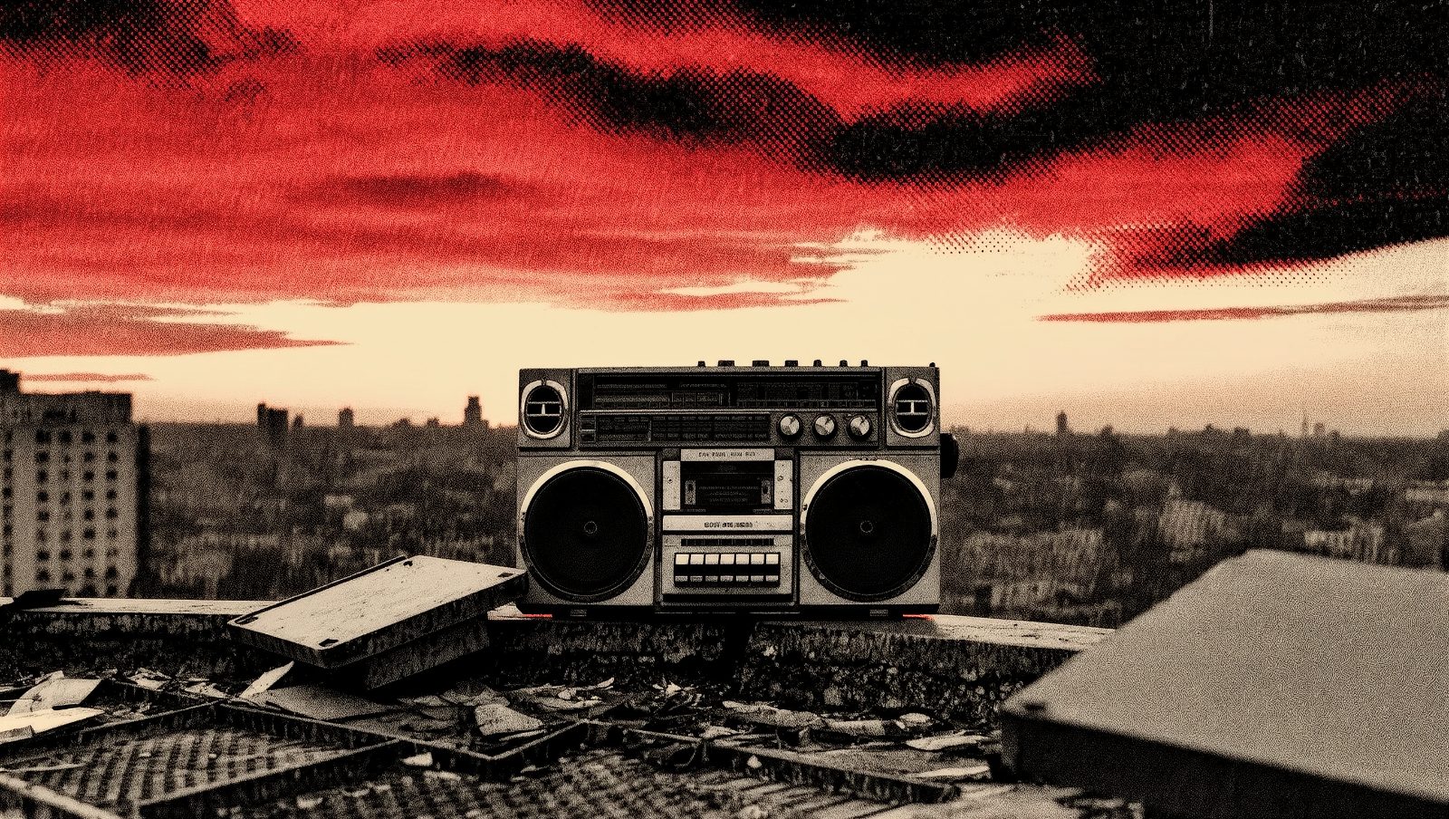 radiocasete vintage en azotea urbana al atardecer