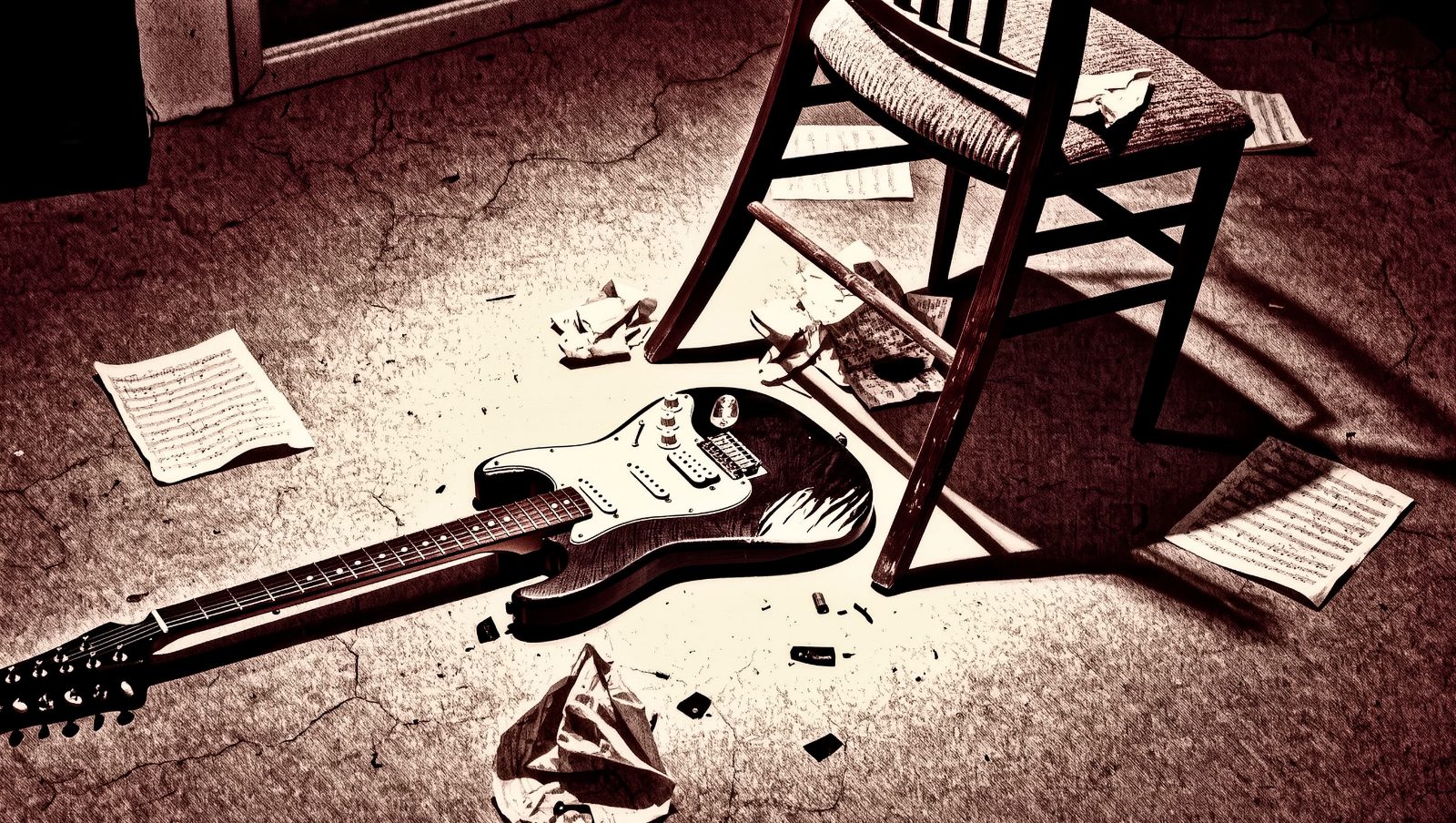 Guitarra eléctrica destrozada en el suelo de un estudio de grabación tras una pelea, ilustración estilo grunge retro