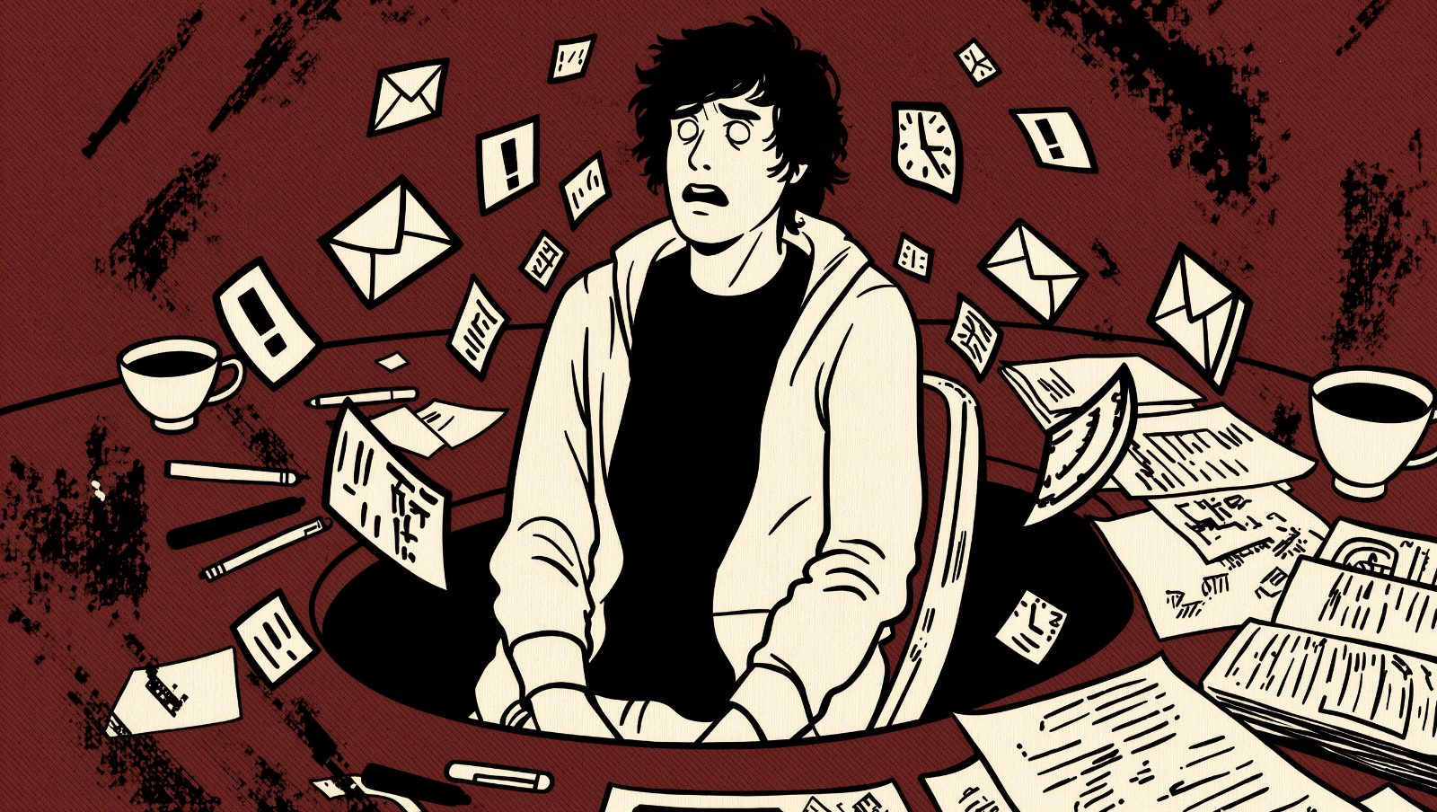 Persona rodeada de tareas y notificaciones simultáneas, ilustración estilo grunge retro sobre multitarea crónica
