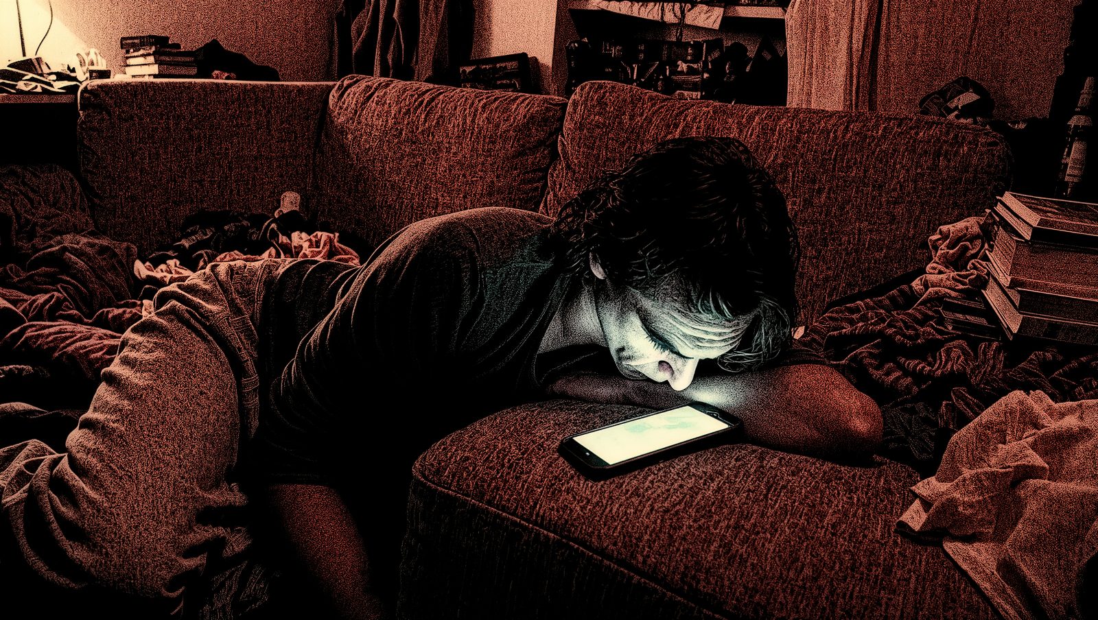 Persona exhausta mirando el móvil de madrugada, ilustración estilo grunge retro sobre hábitos de comparación social