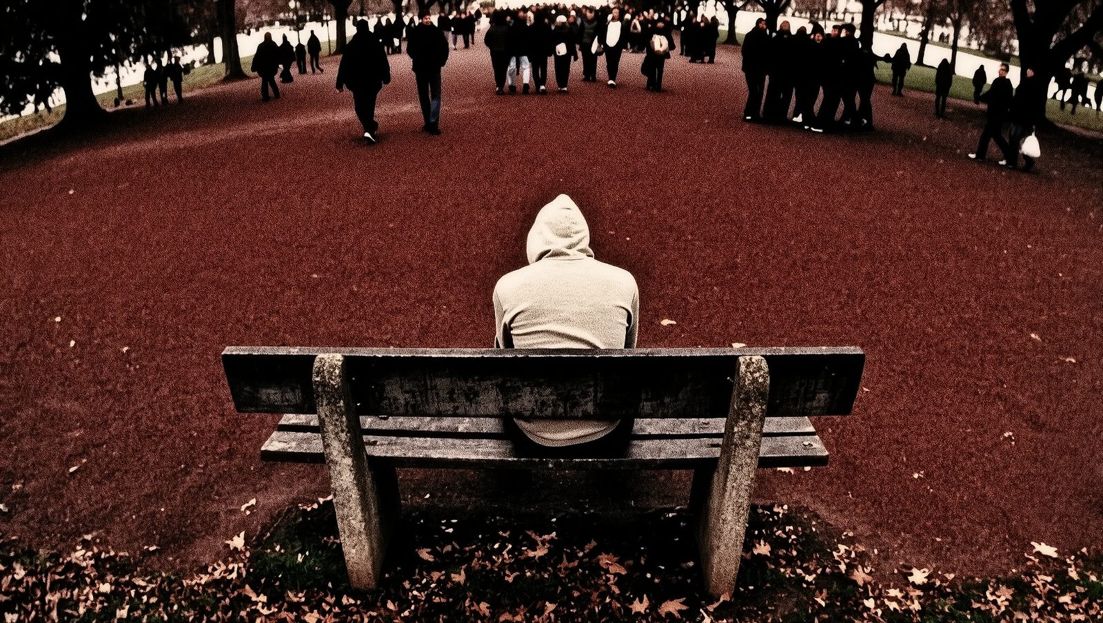 Persona sola en un banco de parque al atardecer, ilustración estilo grunge retro sobre aislamiento social