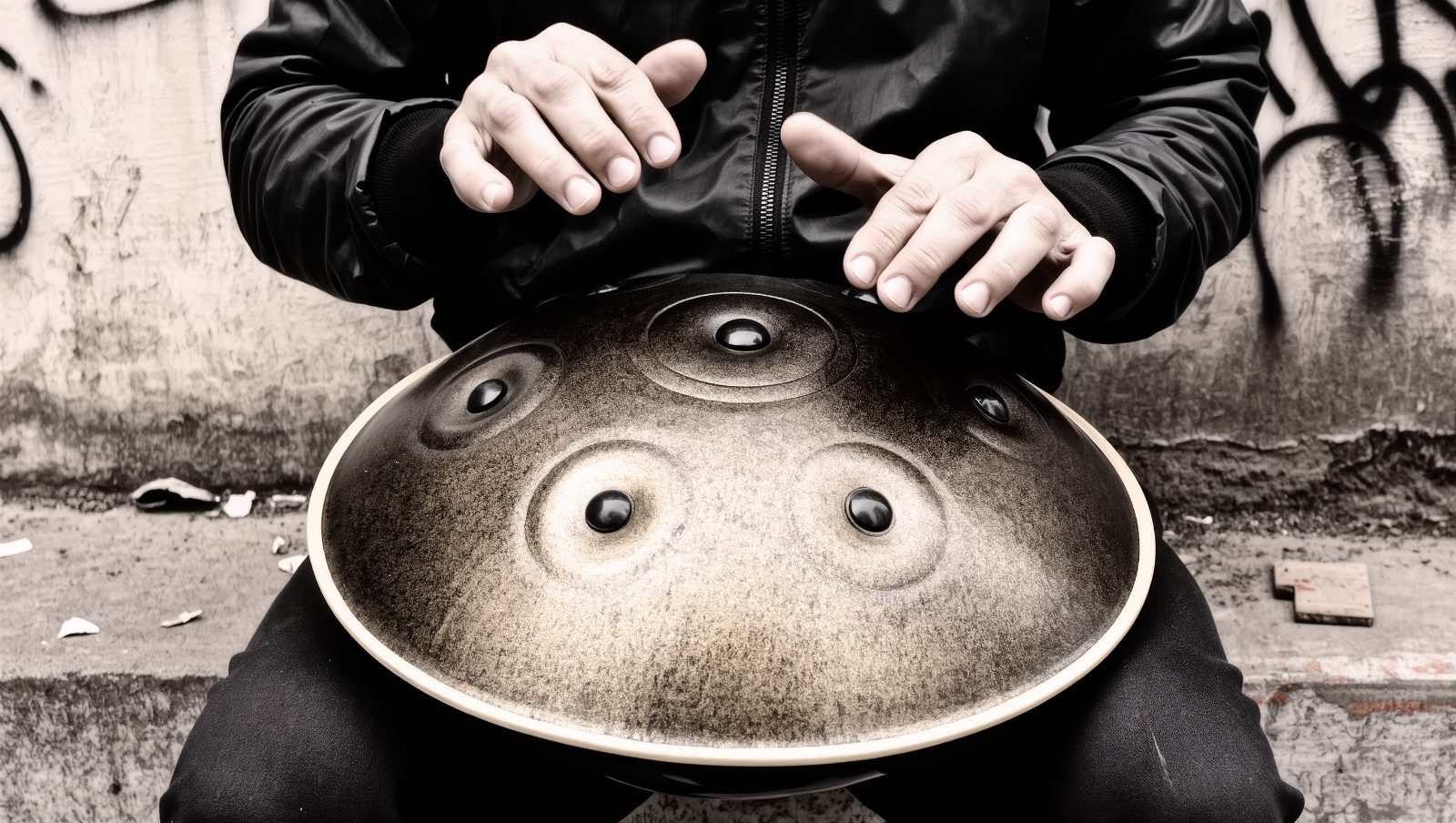 Primer plano de unas manos tocando un hang drum o handpan metálico con forma de platillo volante