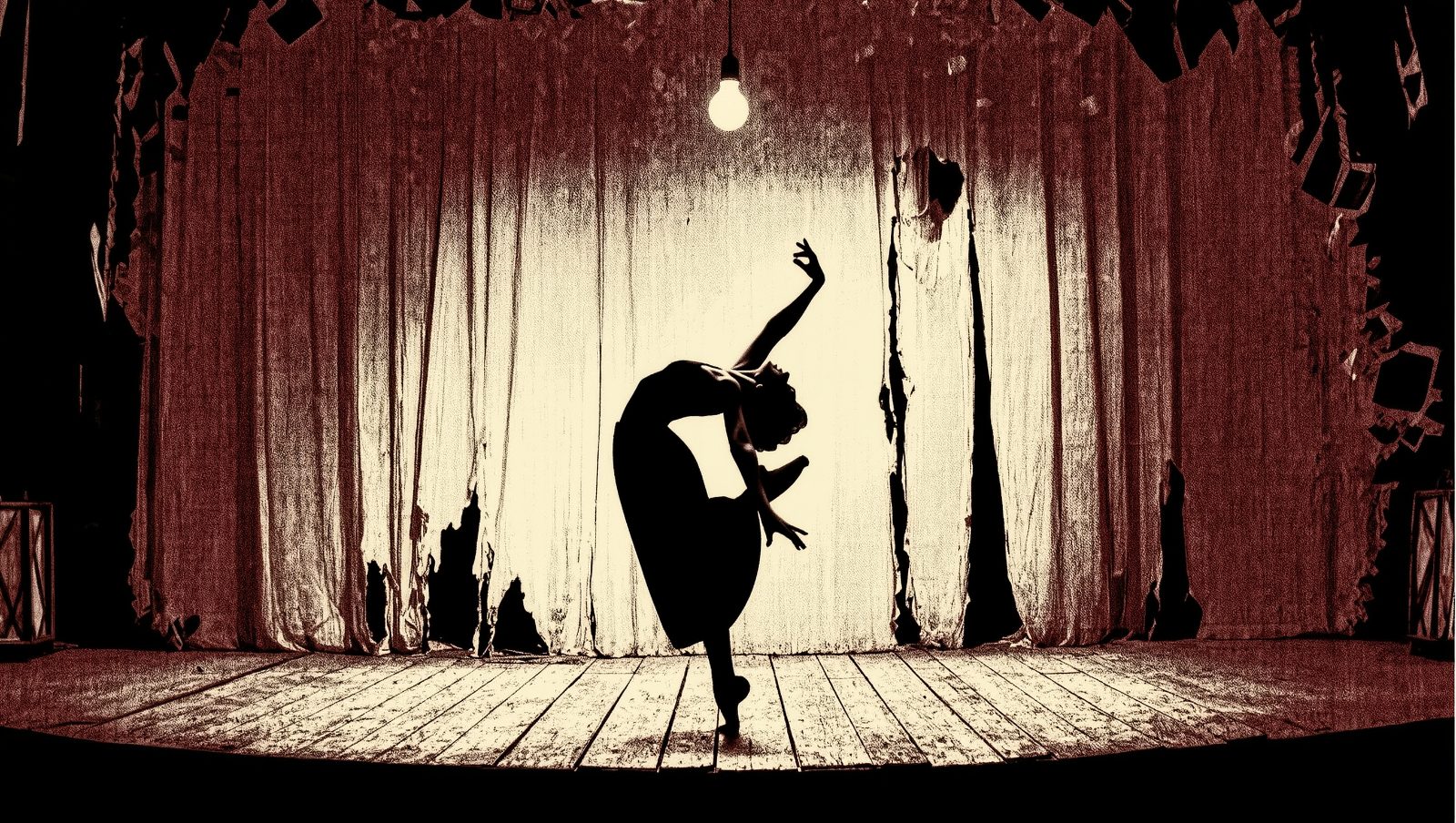 Silueta de una cantante de ópera en un escenario iluminado, estilo grunge retro