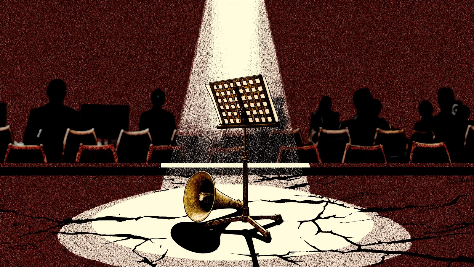 Megáfono vintage y partitura sobre un escenario en estilo grunge retro