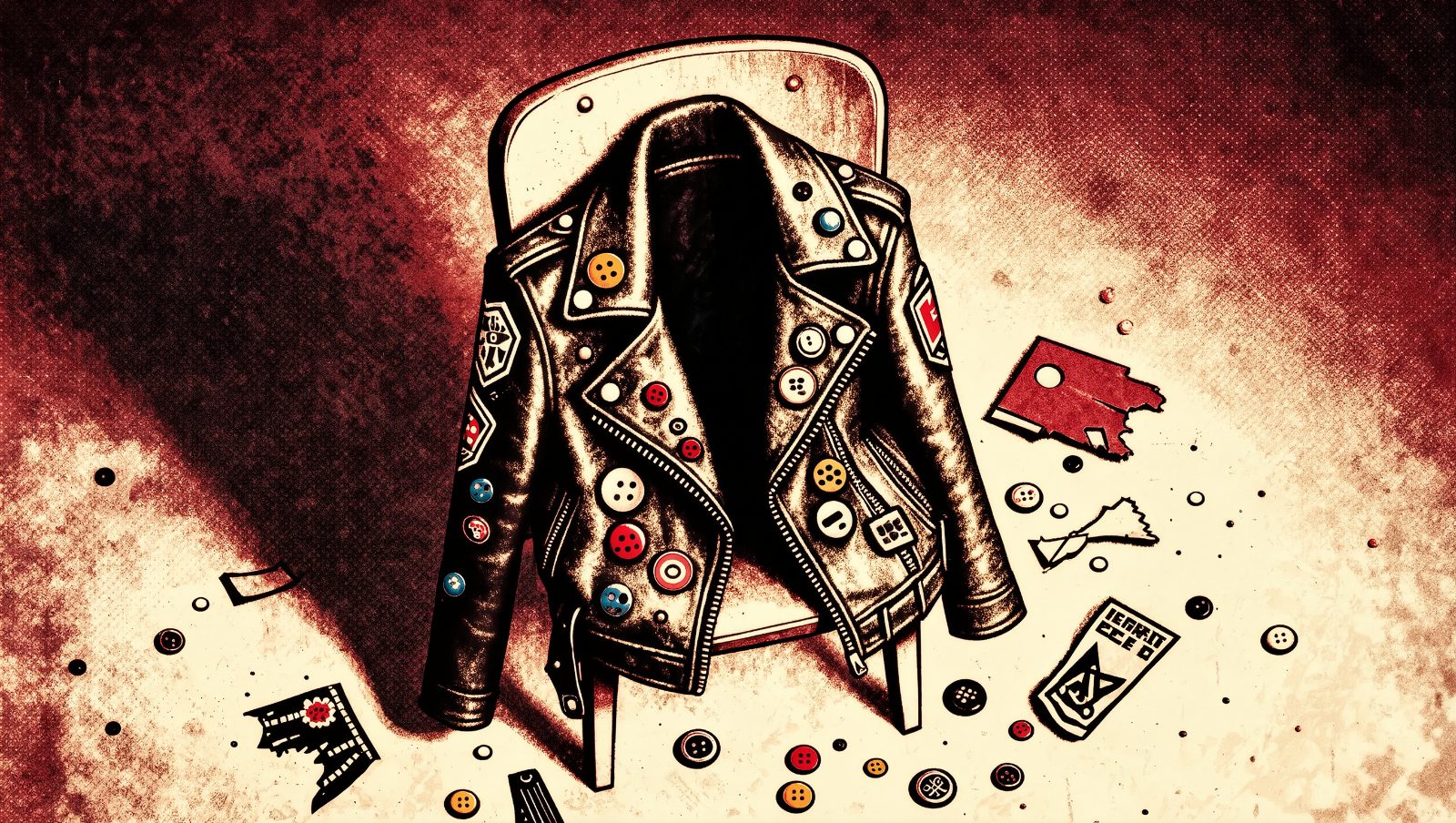 Chupa de cuero punk con chapas y parches DIY
