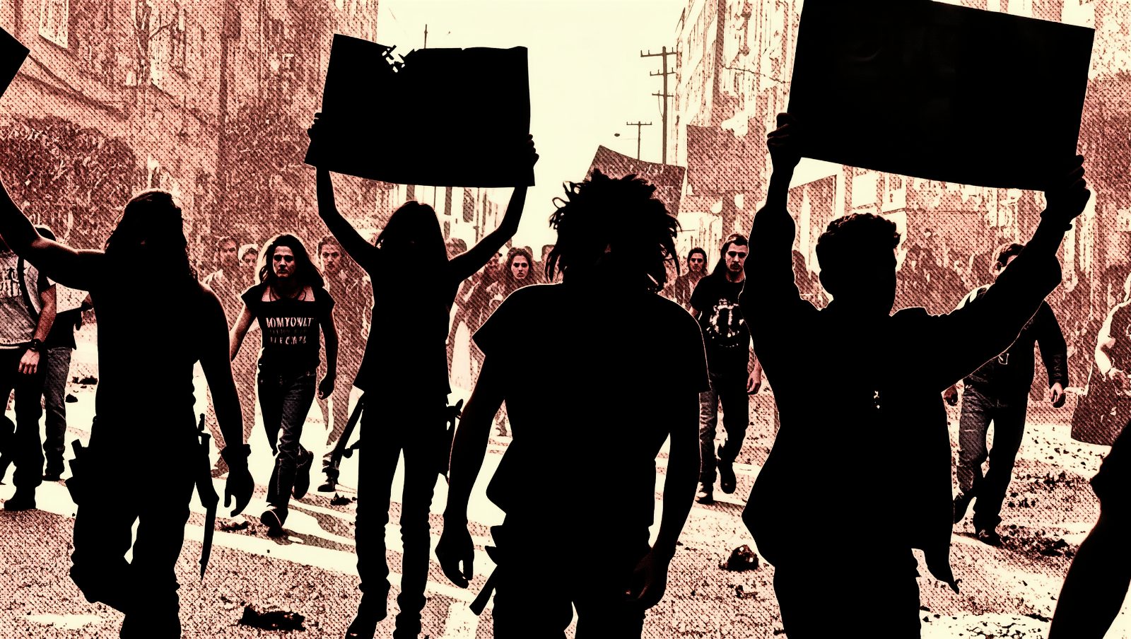 Marcha punk callejera con pancartas DIY genericas