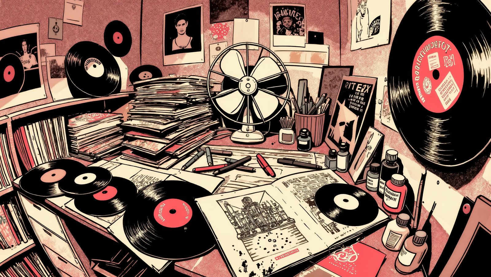 Home studio punk DIY con vinilos y fanzine casero