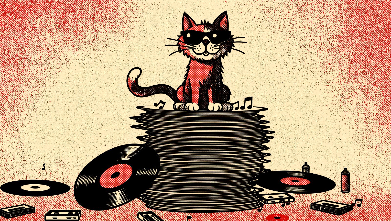 gato rebelde con gafas de sol sobre pila de vinilos