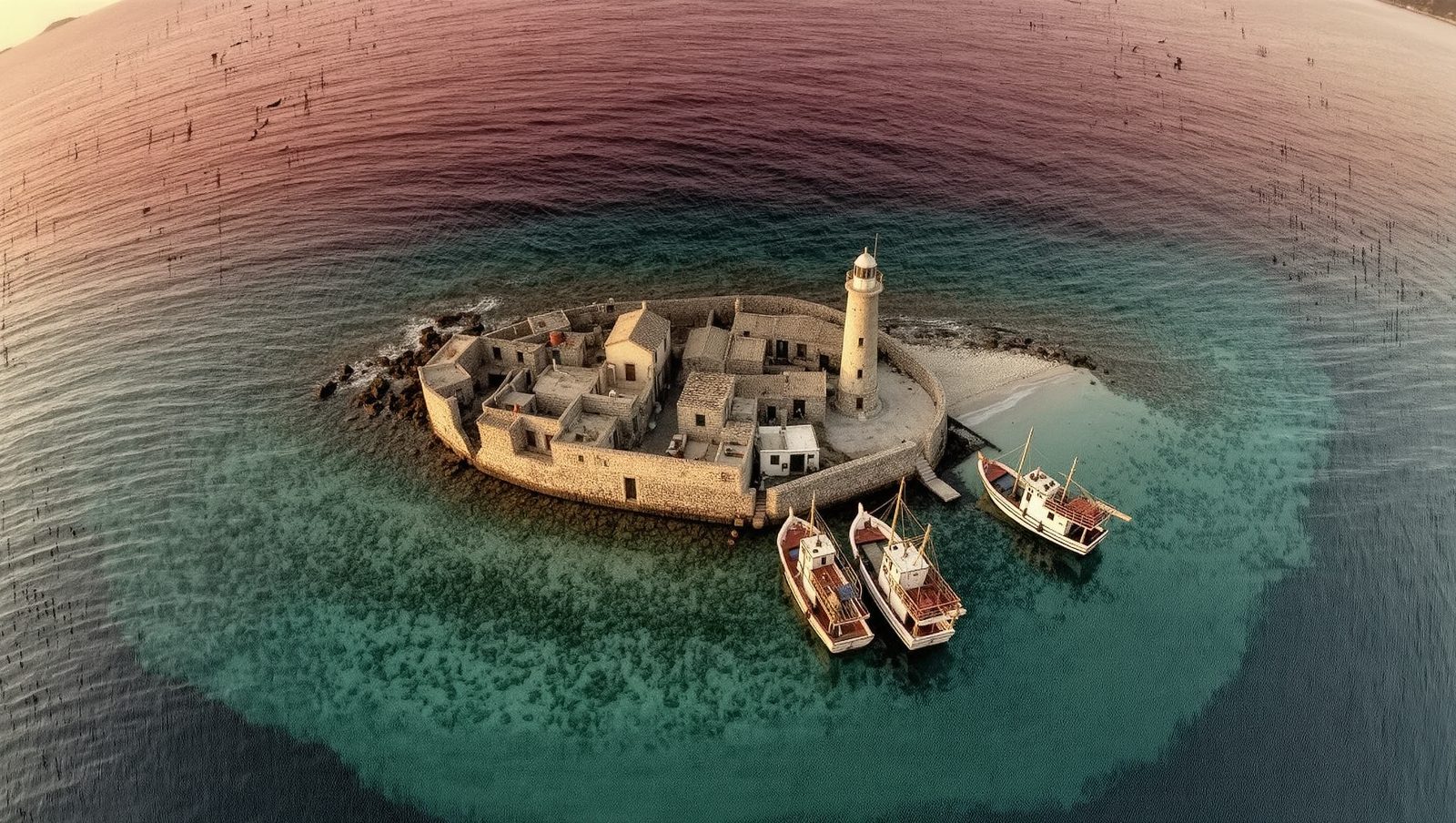 Isla de Tabarca, pueblo amurallado y faro en la reserva marina, ilustración estilo grunge retro