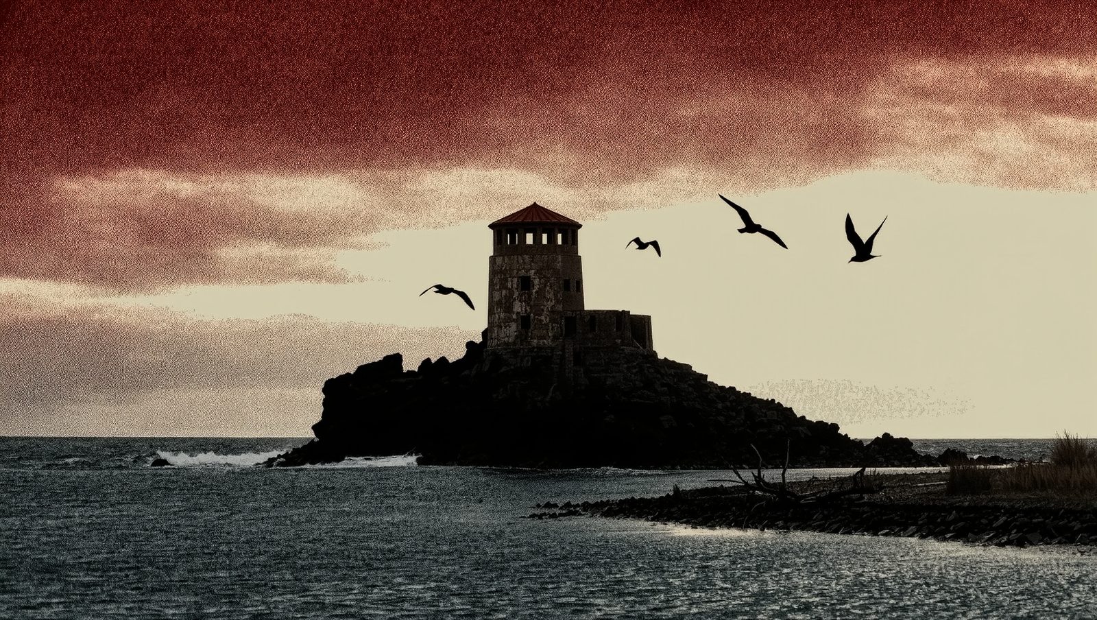 Islas Chafarinas, torre de vigilancia y silueta remota en el mar de Alborán, ilustración estilo grunge retro