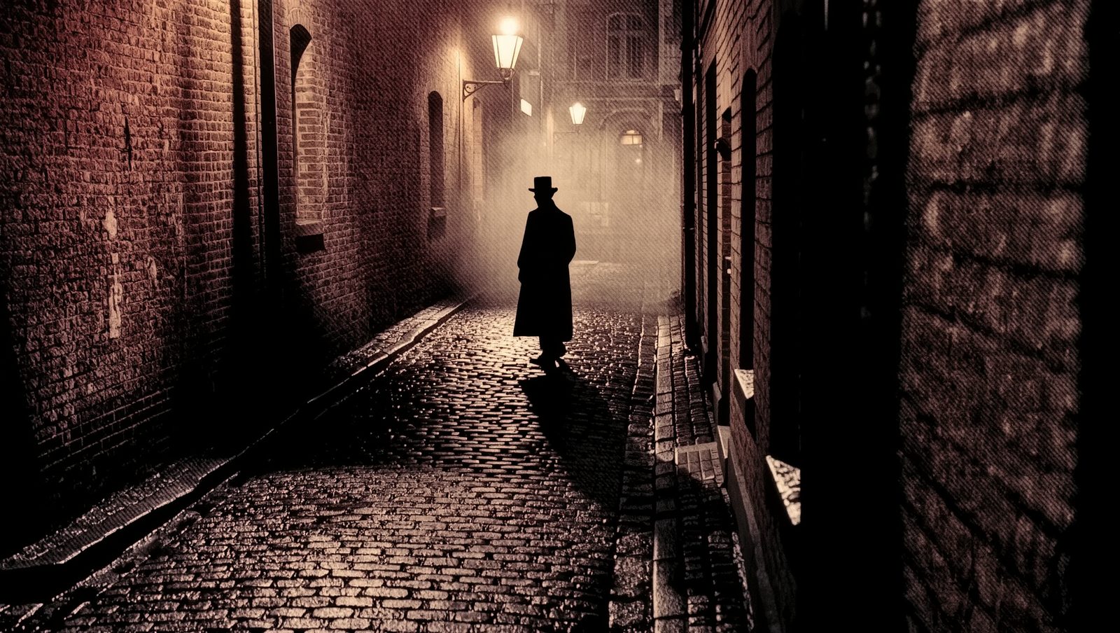 Callejón de Londres brumoso, ilustración del misterio de Jack el Destripador estilo grunge retro