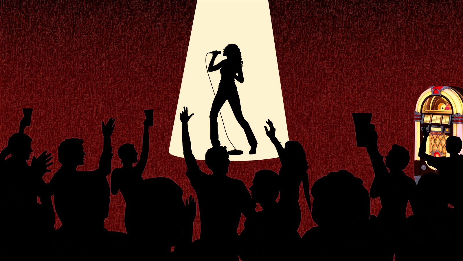 Ilustración retro de una mujer cantando karaoke en un bar americano de los años 80 con el público animando