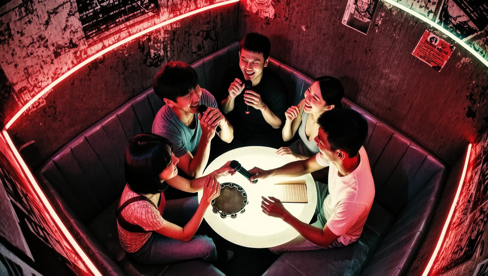 Ilustración retro de un grupo de amigos cantando karaoke en una cabina privada con luces de neón