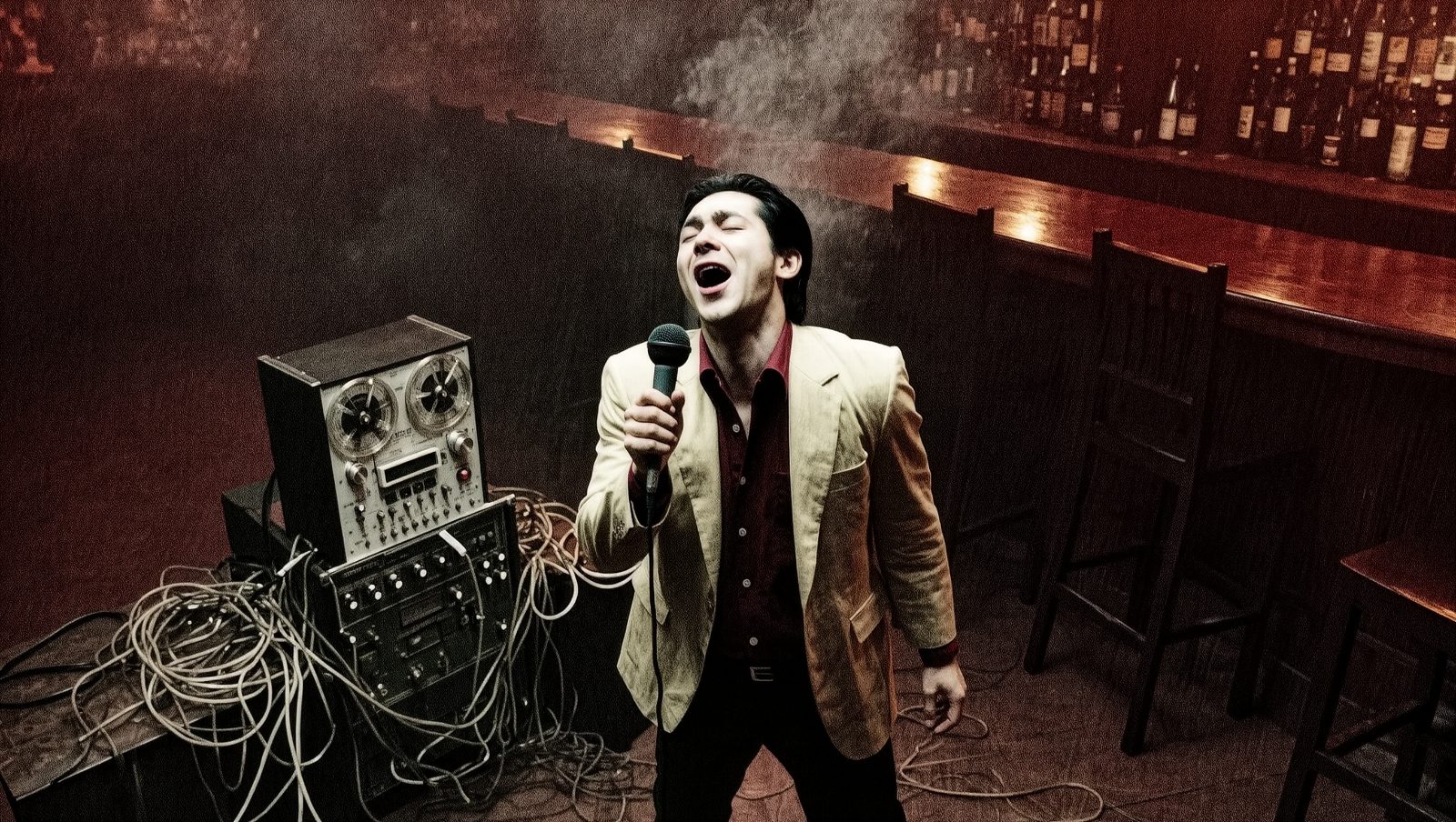 Ilustración retro de un hombre cantando karaoke en un bar de Kobe, Japón, en los años 70