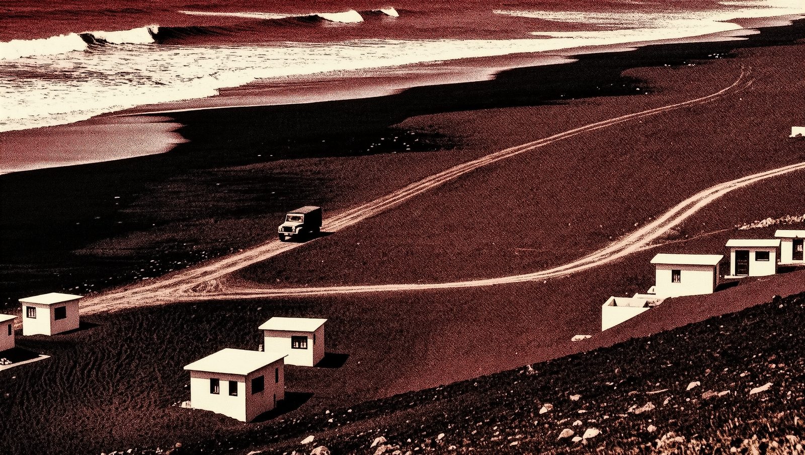 La Graciosa, octava isla canaria, paisaje volcánico y calles de arena, ilustración estilo grunge retro