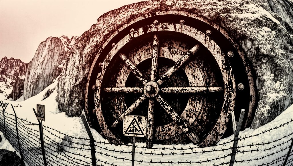 Búnker acorazado en glaciar, ilustración estilo grunge sobre lugares prohibidos que nadie puede visitar
