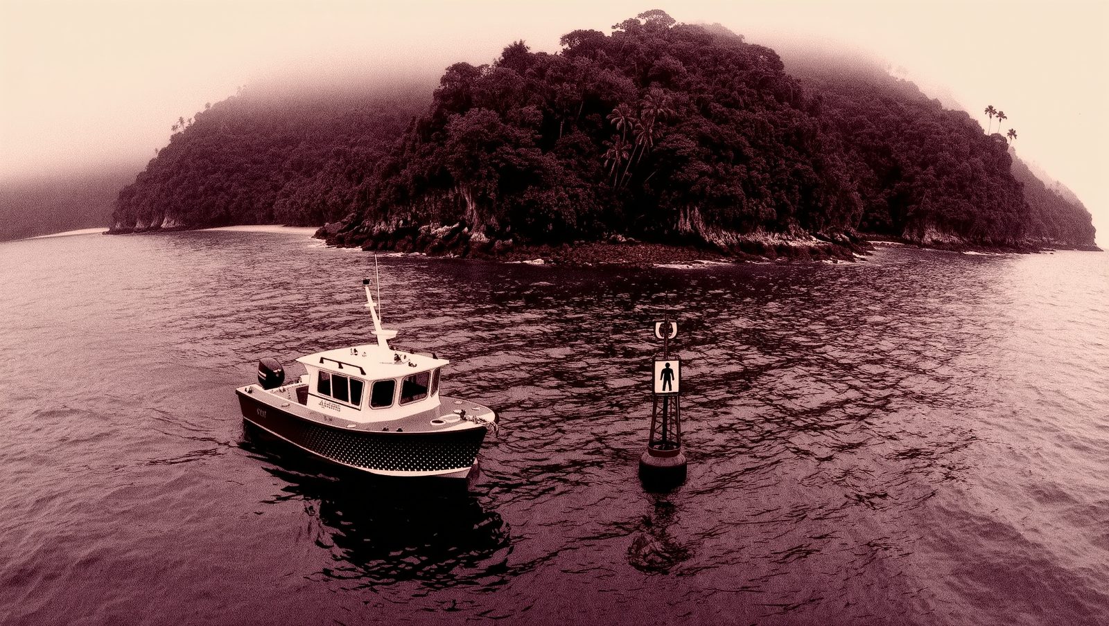 Isla tropical vigilada por zona de exclusión militar, ilustración estilo grunge sobre lugares prohibidos
