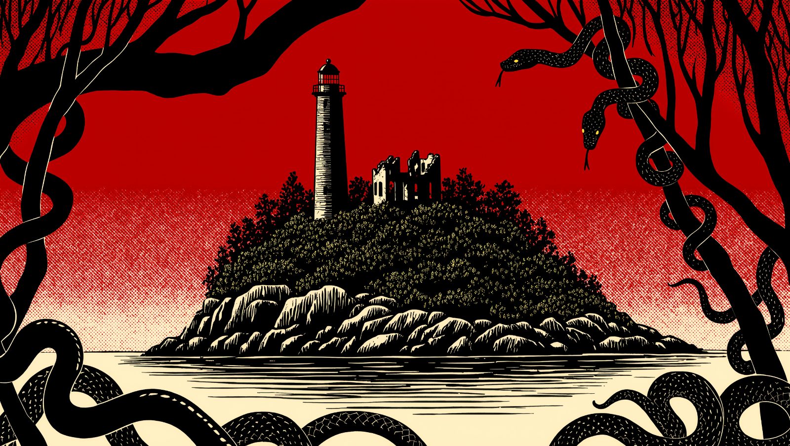 Isla remota cubierta de vegetación con siluetas de serpientes, ilustración estilo grunge sobre lugares prohibidos