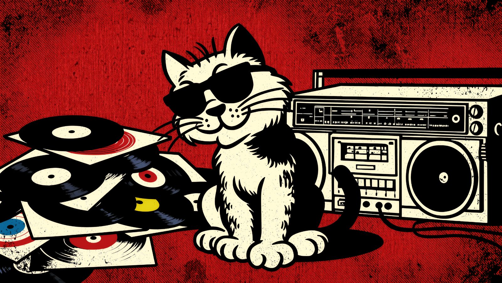 gato rebelde con gafas de sol junto a vinilos y radio antigua