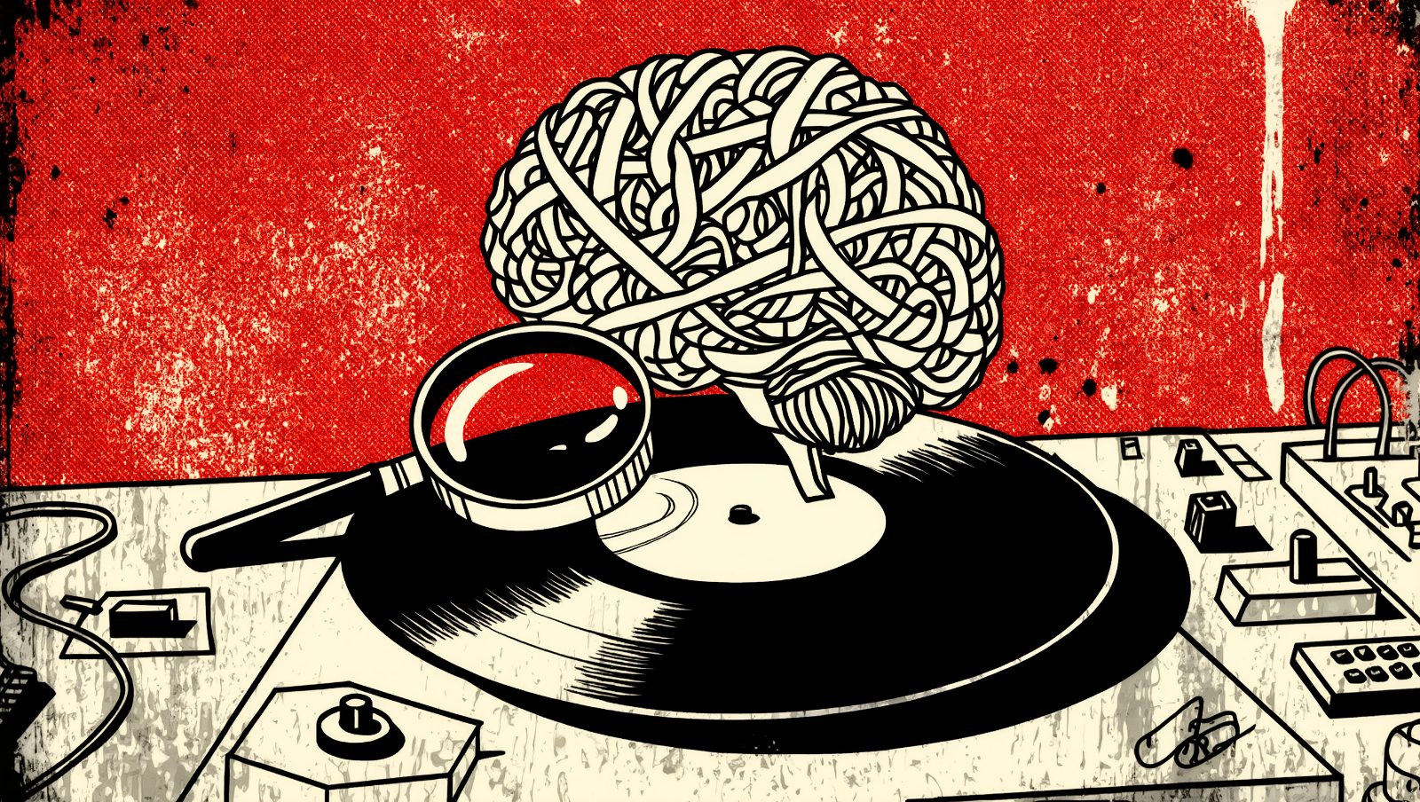 cerebro simbolico hecho de cintas de sonido junto a lupa sobre un vinilo