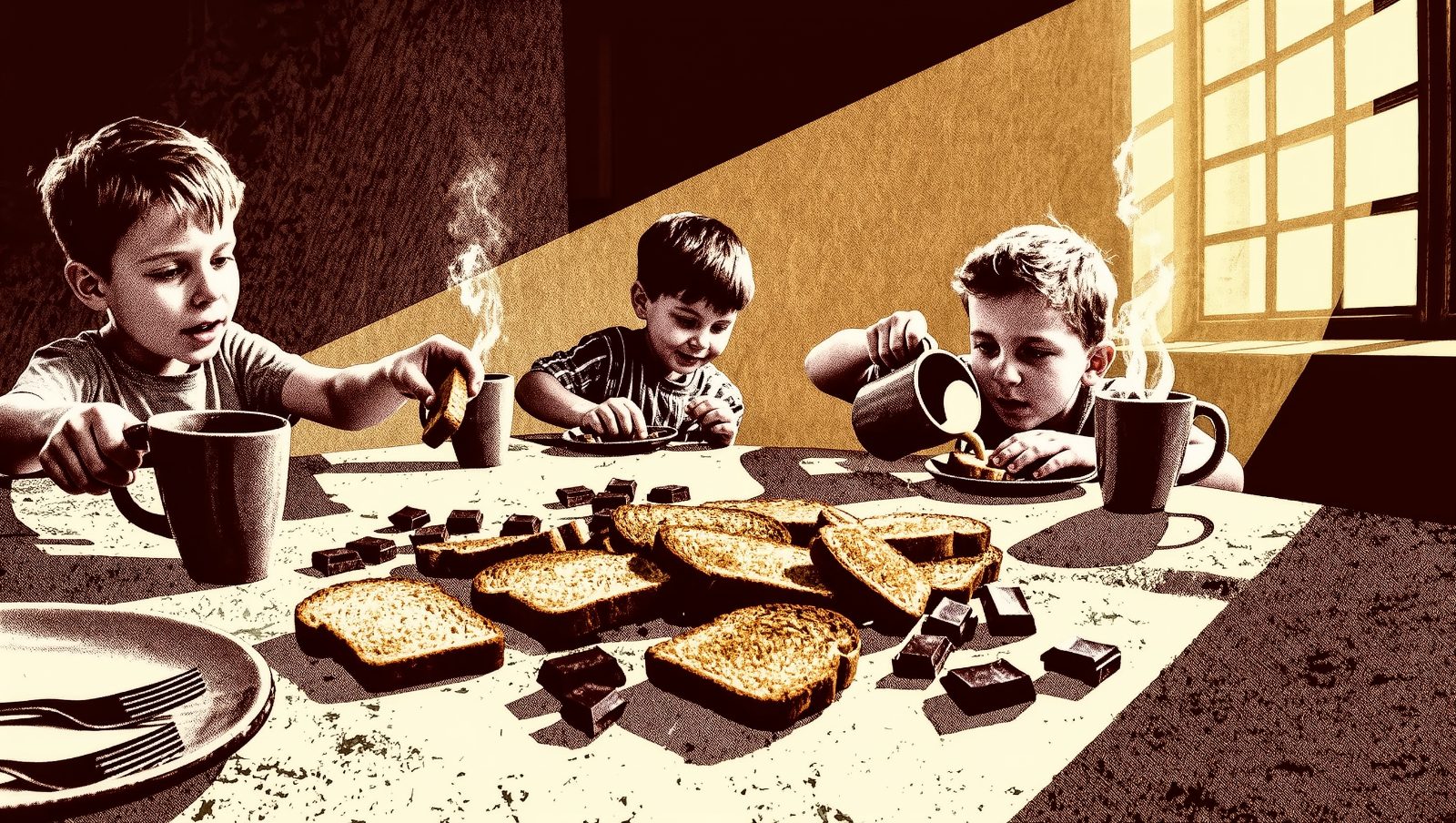 Merienda, palabra española sin traducción directa: merienda infantil con bocadillo y chocolate