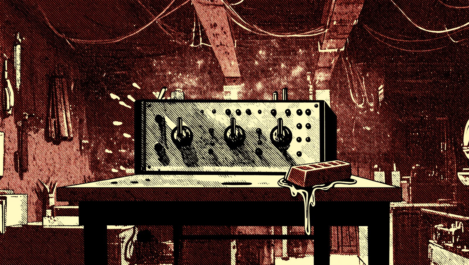 Ilustración retro grunge de un taller de radares de los años 40 con chocolate derretido, origen accidental del horno microondas