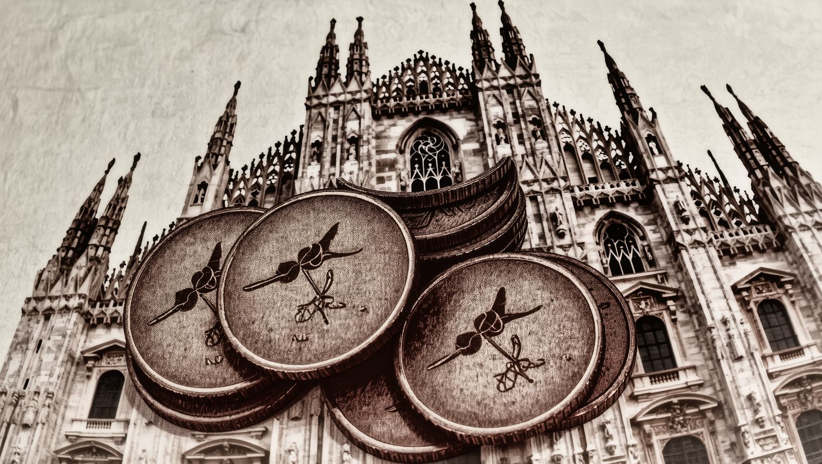 Ilustración artística de monedas con motivos inspirados en catedral gótica y pluma de escritor, representando el simbolismo de las monedas de euro españolas