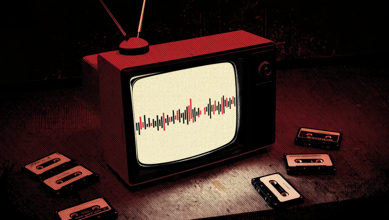 Televisor retro con estática de colores, ilustración estilo grunge representando el nacimiento de MTV