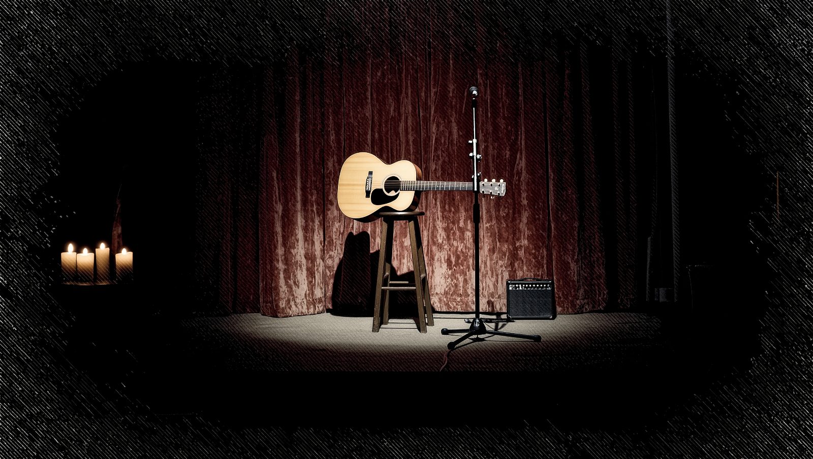 Guitarra acústica en un escenario íntimo con luz de vela, ilustración estilo grunge inspirada en MTV Unplugged