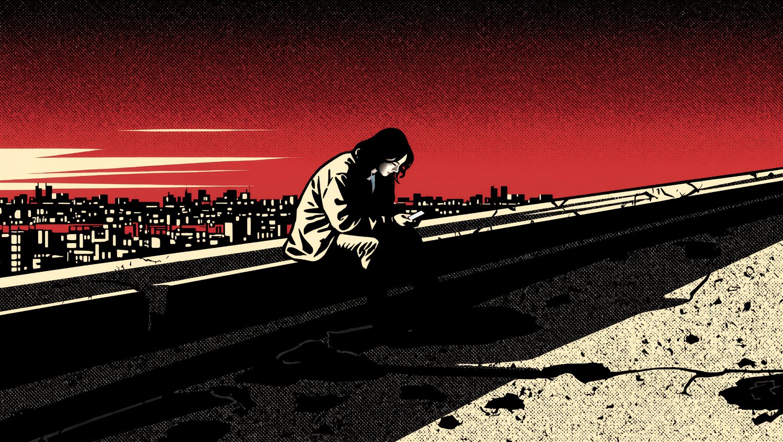 Persona sola en una azotea al atardecer mirando el móvil, ilustración grunge sobre soledad nómada