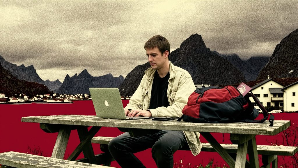 Nómada digital trabajando con portátil en una terraza rural con montañas al fondo, estilo grunge retro