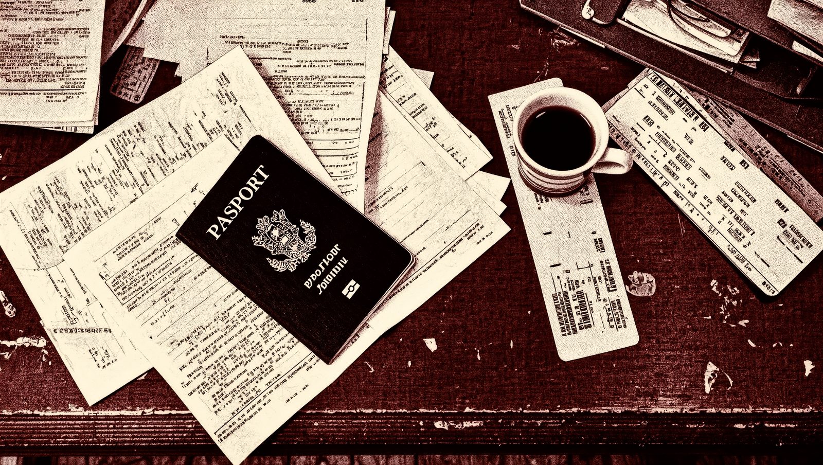 Escritorio con papeleo de visado, pasaporte sellado y billete de avión, ilustración grunge retro